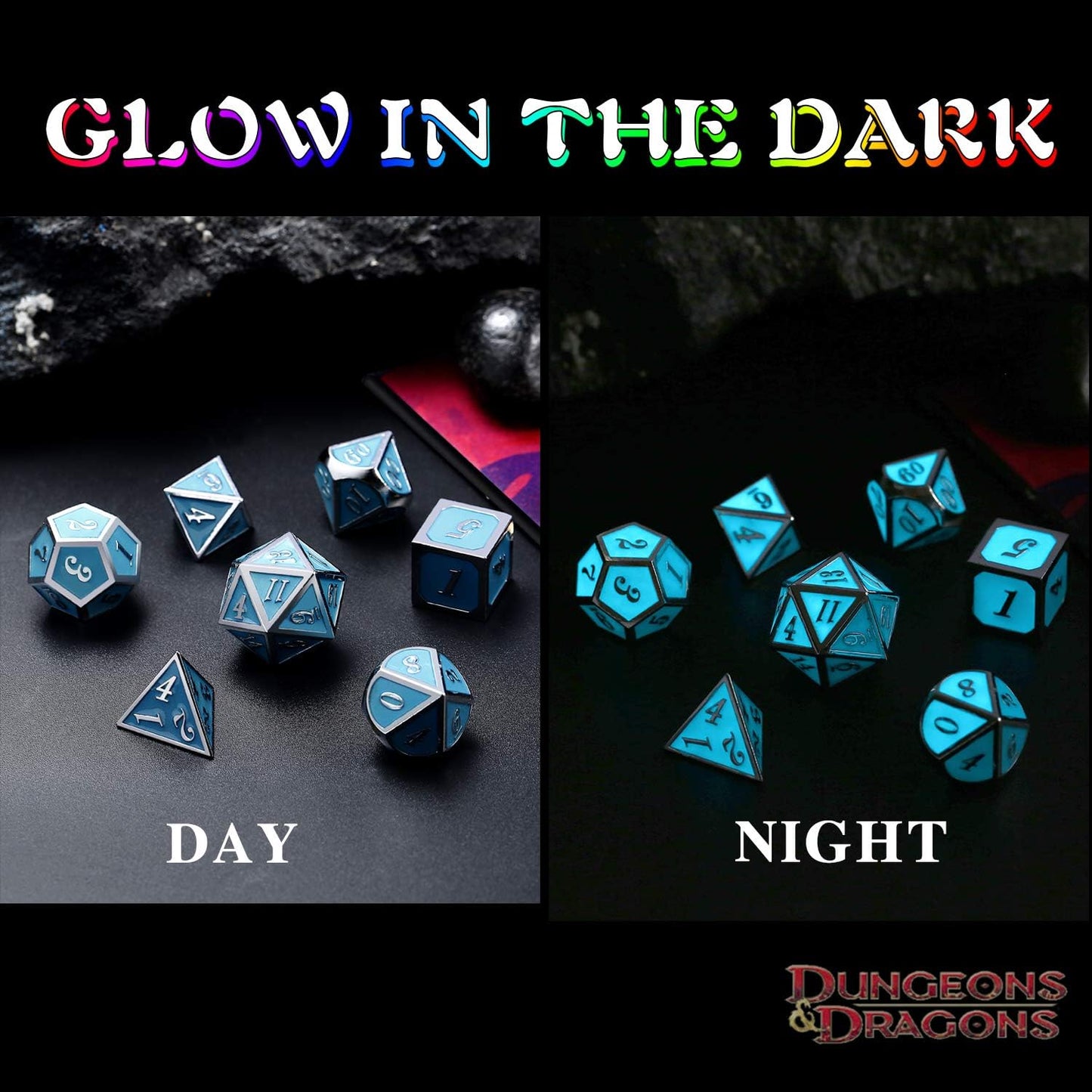 DnDnD Heavy Polyhedral Metal Dice Set with Metal Box, 7-die Shiny Blue Surface with Golden Number for RPG,Dungeons and Dragons,Pathfinder,Shadowrun,D&D,Role Palying Game and Math Teaching - Colors B