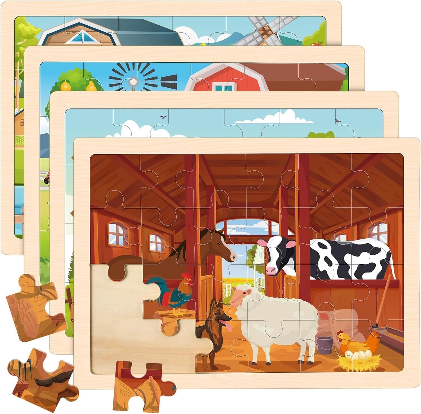 Wooden Animals Puzzles for Kids Age 3 4 5 Year Old, 4 Pack 24 Pcs Montessori Toddler Jigsaw Puzzles for Girl boy Activities Preschool Learning Educational Birthday Gift Travel Autistic Wooden Toys