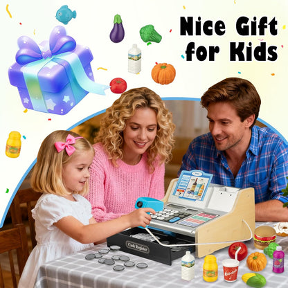 Wooden Cash Register for Kids with Shopping Cart Rechargeable Kid Cash Register with Scanner Gift for Kid Age 3 4 5 6 7 8 9 Year Old Pretend Play for Toddlers Toys for 3-12 Year Old Kids