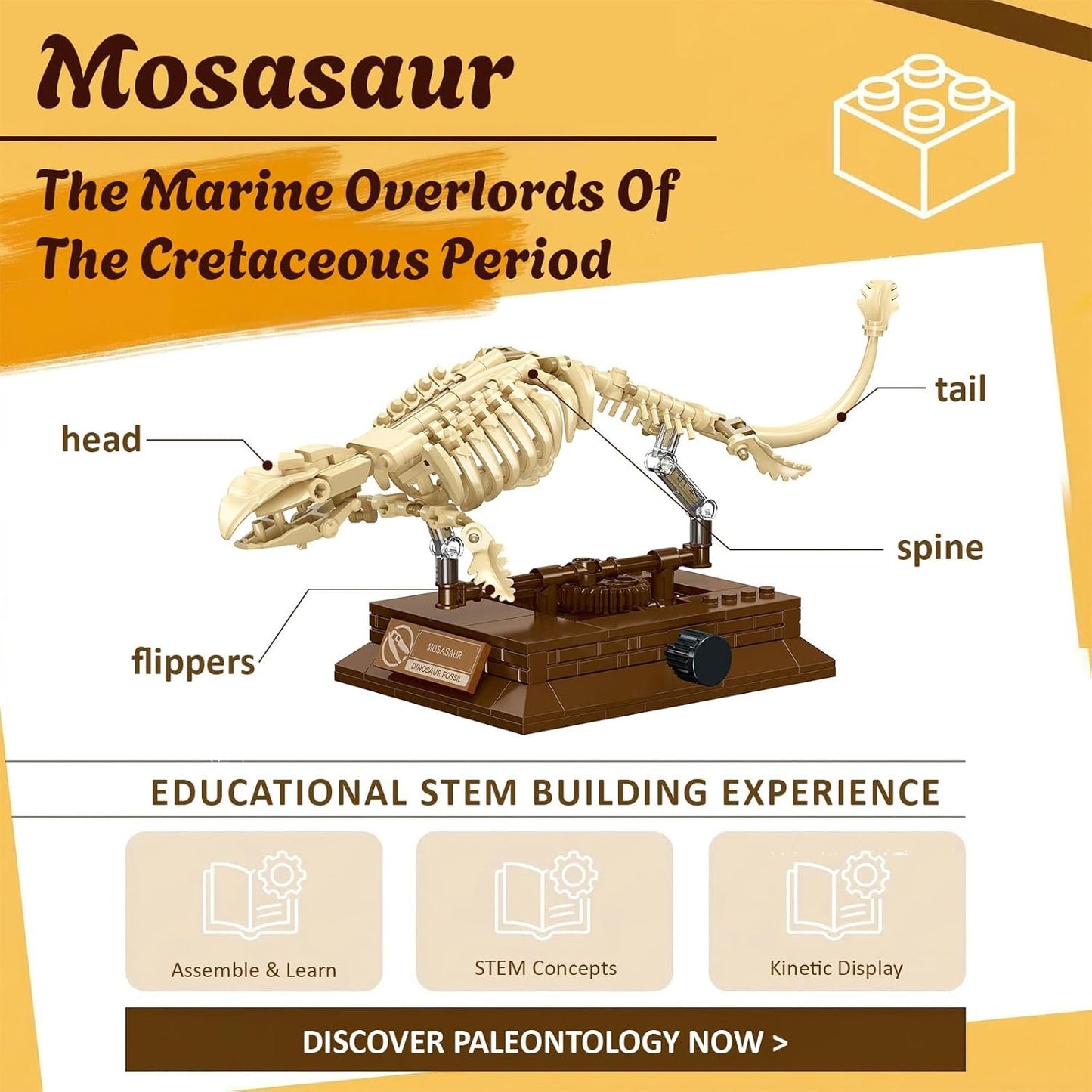 Mosasaurus Fossil Building Block Set – Mechanical Dinosaur Skeleton Model with Gear-Driven Movement and Display Base