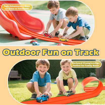Flex Tracks 15 Ft Starter Set Flexible Race Track for Kids 3+, Flexible Car Track Race Car Ramp Track Compatible with Diecast 1/64th Cars, Portable Rolls Up Race Tracks with Strong Suction Cups