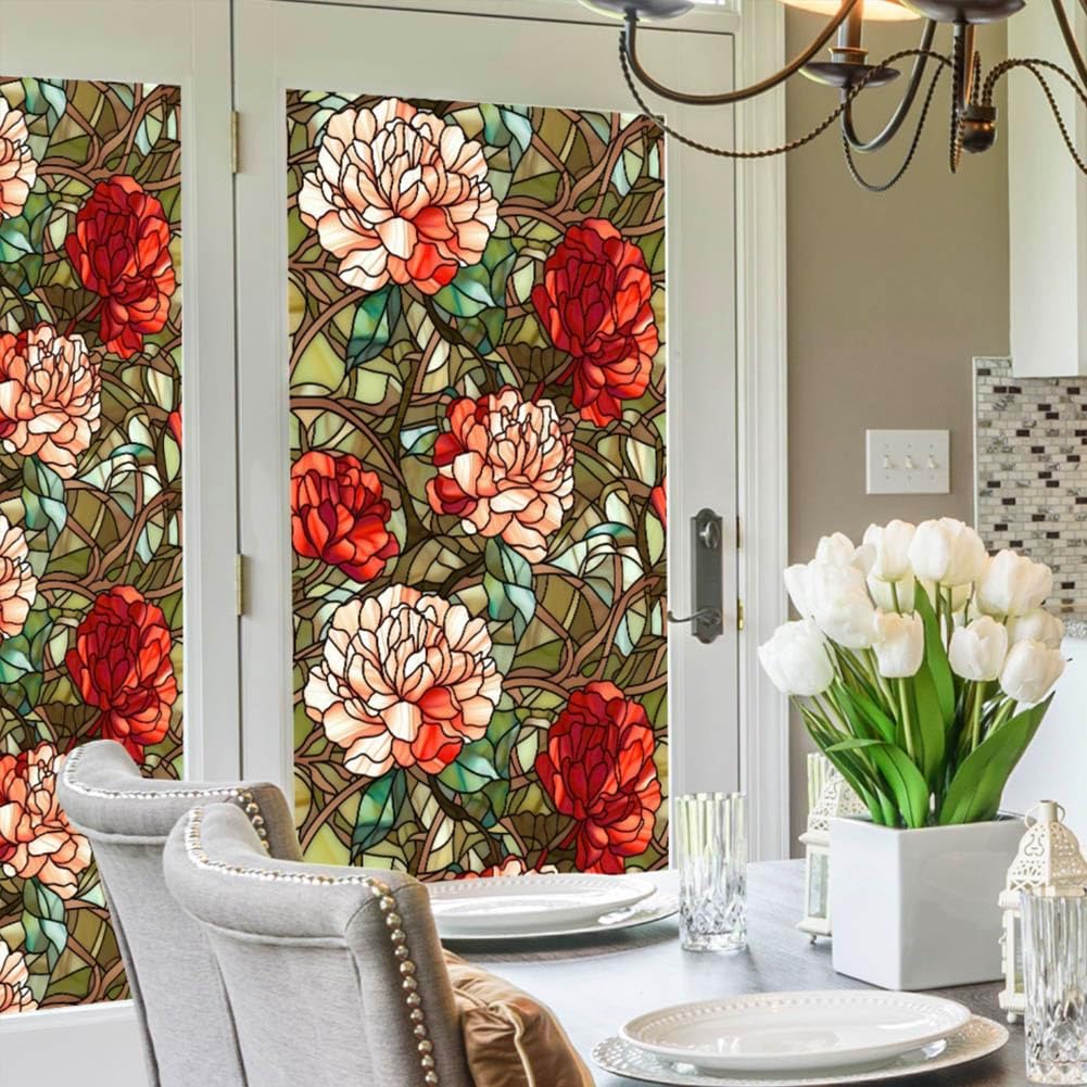 JOONOR Privacy Window Film Stained Glass Window Sticker Non-Adhesive Frosted Glass Film Decorative Magnolia Flower Pattern Static Cling Decals for Home UV Blocking/Heat Insulation 17.7 x 39.4 Inch