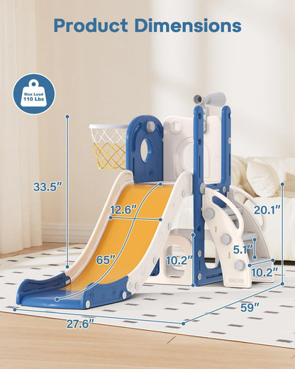 Babytronic Toddler Slide, 6 in 1 Kids Indoor Slide for Toddlers 1-3, Baby Indoor and Outdoor Climber Playset, Kids Slide with Basketball Hoop and Telescope, Toddler Outdoor Playground (Blue&Yellow)