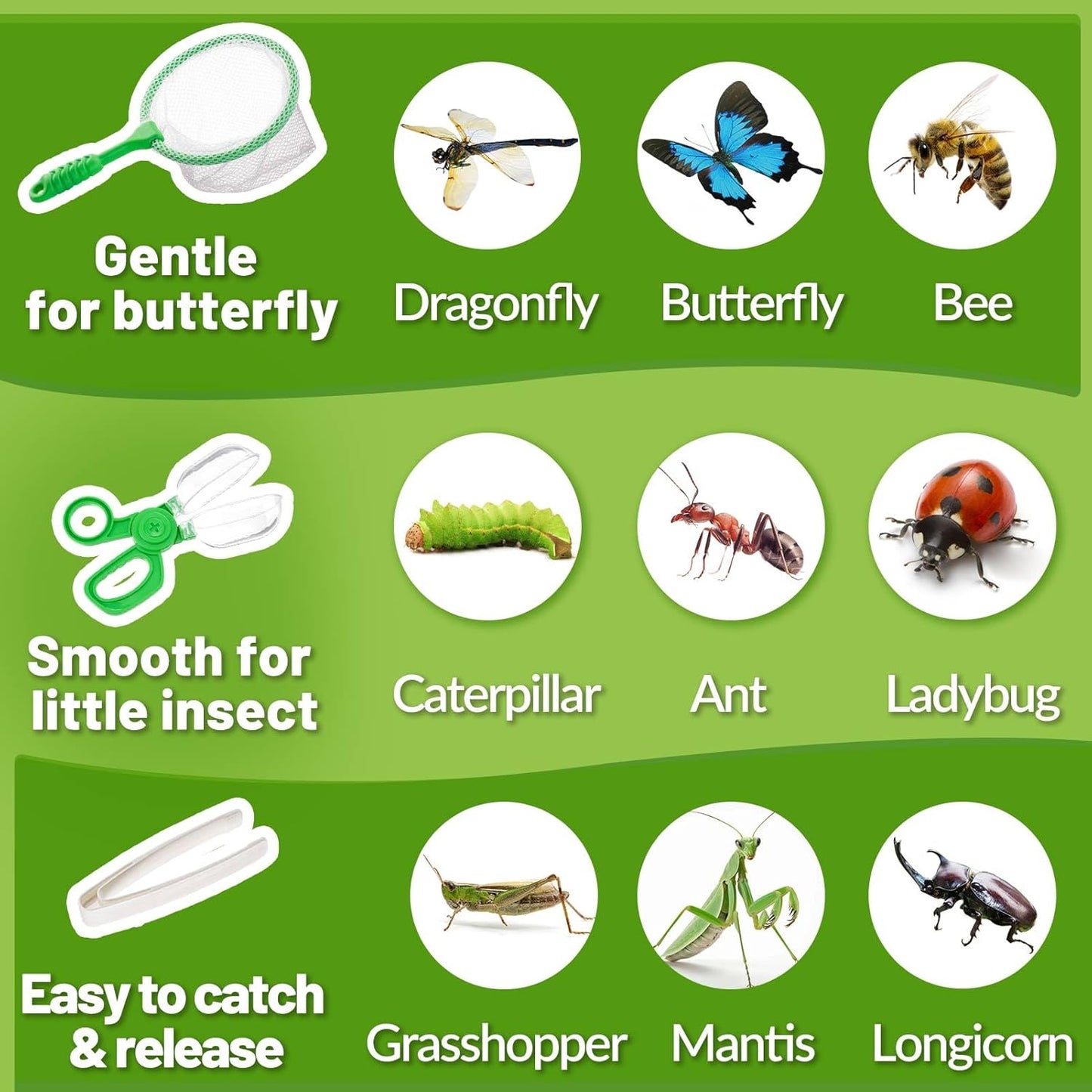 2 Set Bug Catcher for Kids- Educational Bug Catching Kit Including Butterfly Net, Insect Clip, Tweezer, Outdoor Toys for Kids Ages 3-10 (Pink & Green)