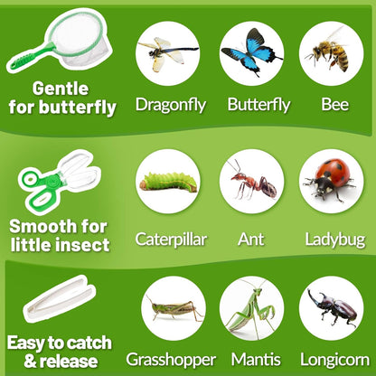 2 Set Bug Catcher for Kids- Educational Bug Catching Kit Including Butterfly Net, Insect Clip, Tweezer, Outdoor Toys for Kids Ages 3-10 (Pink & Green)