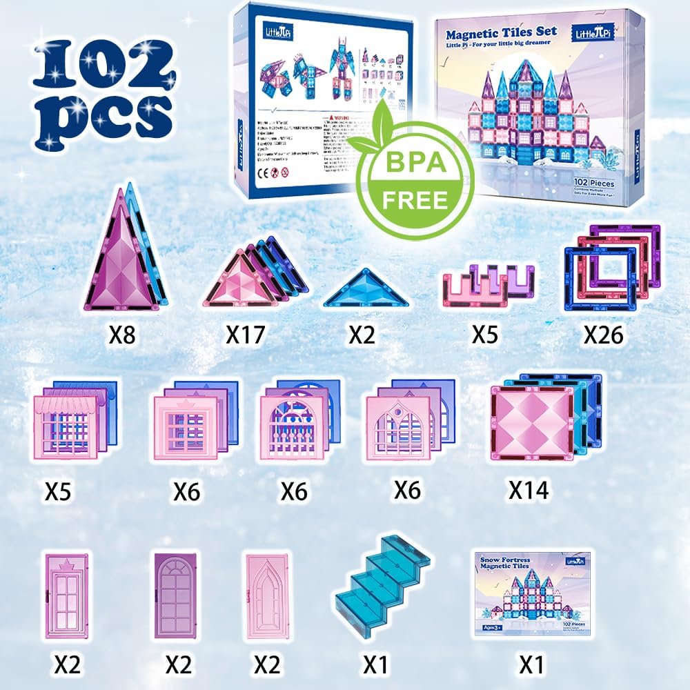 Little Pi 104pcs Frozen Princess Castle Magnetic Tiles Building Blocks - 3D Diamond Blocks, STEM Educational Toddler Toys for Pretend Play, 4 Year Old Girl Birthday Gifts Kids Ages 3 5 6 7 8 - Pink