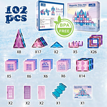 Little Pi 104pcs Frozen Princess Castle Magnetic Tiles Building Blocks - 3D Diamond Blocks, STEM Educational Toddler Toys for Pretend Play, 4 Year Old Girl Birthday Gifts Kids Ages 3 5 6 7 8 - Pink