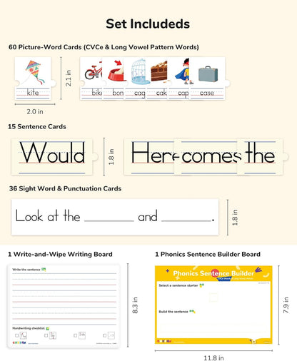 CHEFAN Sentence Building for Kids, Phonics Sentence Builder, CVC Word Games for Kids, Sight Words Flash Cards, Learn to Read Handwriting Practice, Preschool Kindergarten Homeschool & Speech Therapy
