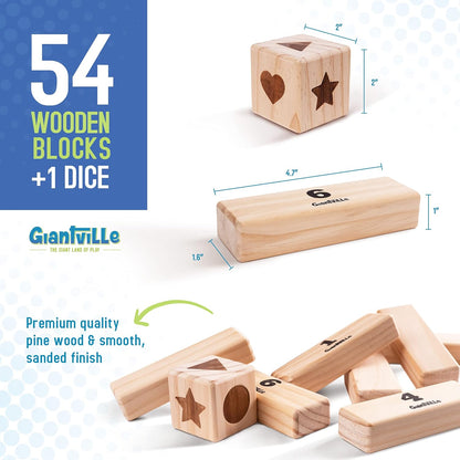 Giantville Giant Tumbling Timber Toy - STEAM-Credited Premium Pine Wood Blocks Tower - Indoor/Outdoor Yard Game for Kids & Adults - 56 Pieces + Carry Bag - Grows to Over 4 Feet