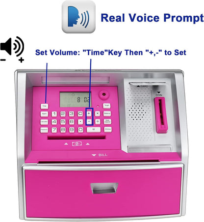 ATM Savings Bank with Debit Card, Electronic Piggy Bank for Real Money, Coin Recognition, Targets Setting, Password Login, Voice Prompt, Great Gift for Boys Girls (Golden/Black)