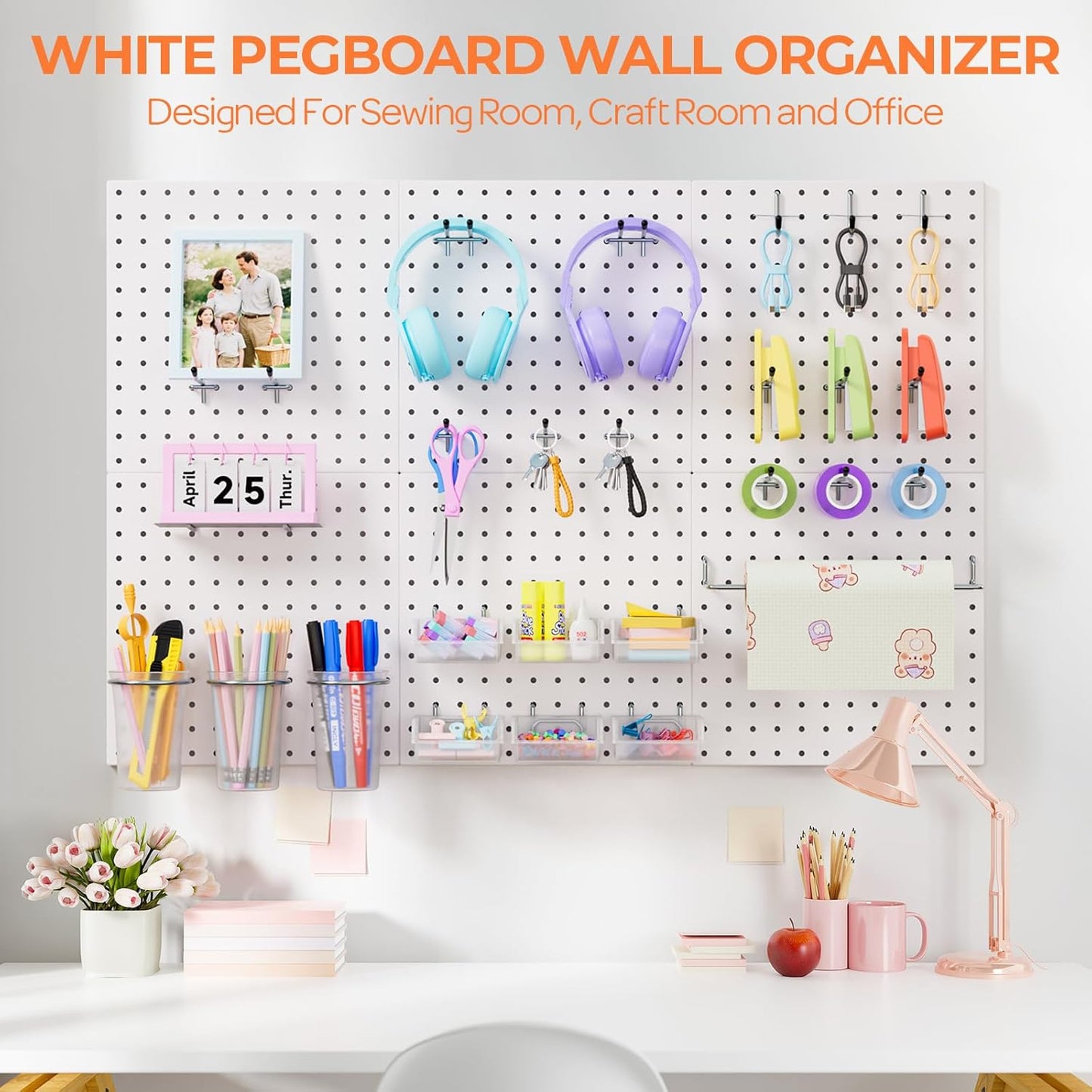 INCLY 70PCS Metal Peg Board Kit with 1/4" Pegboard Accessories, 4 Pack White Pegboard Panels, Bins, Cups and Peg Board Hooks, Paper Towel Holder, Pegboard Wall Organizer for Craft Room, Office, Sewing