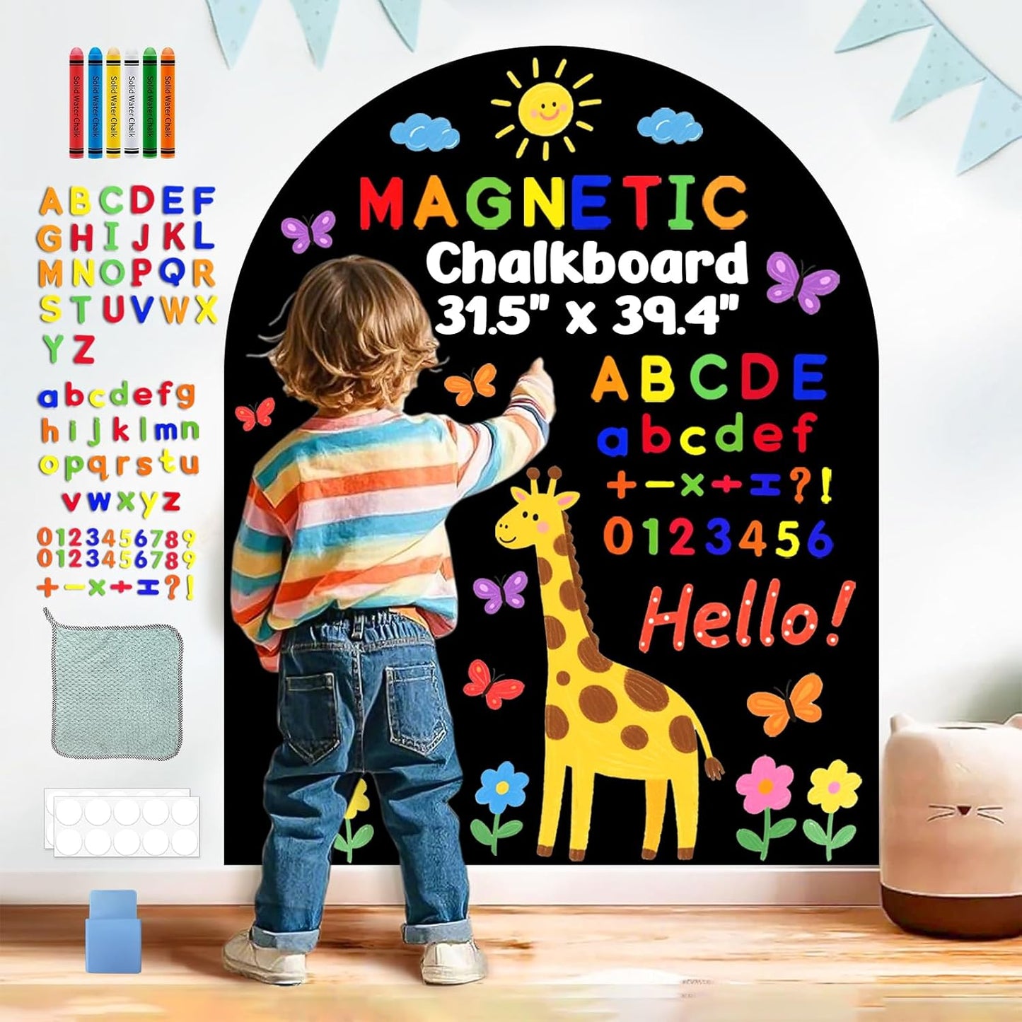 8 PCS Magnetic Wall Decals for Kids Magnetic Chalkboard Peel and Stick Magnet Sheets Board Sticker Tangram Puzzle Self Adhesive Contact Paper Dry Erase Blackboard for Playroom Homeschool 15.7"x10.4"