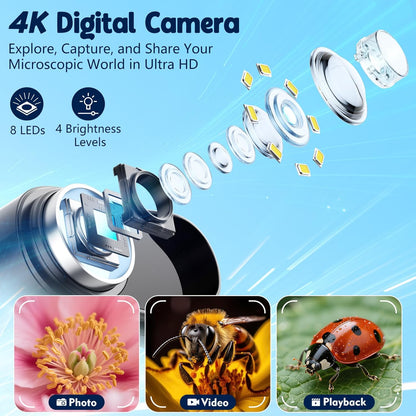 Odatay 4K 1000X Digital Microscope for Kids with Long Distance Viewing & 2.4" Screen, Portable Handheld Edu Toys for Kids Age 3-12 Exploring Bugs Plants at Home Classroom & Outdoor Travel, Yellow