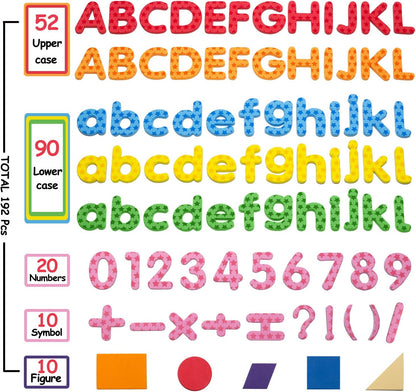 192 Pcs Magnetic Letters Numbers 9 Color(With Pattern Blocks,Symbols) Foam Set, Alphabet Magnets Gift for Preschool Kids Children Toddler Educational Fridge Refrigerator Toy, Classroom School Learning
