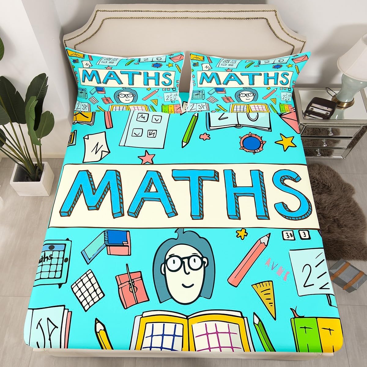 Erosebridal Science Theme Bed Sheets Set Full Size for Boys Girls Chemistry Periodic Table Print Sheet Set Chemical Subject Theme Sheets Teens Kids Math Science Atyle Fitted Sheet 4 Pcs