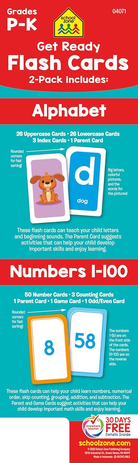 School Zone Get Ready Flash Cards Alphabet & Numbers 1-100 2-Pack: 112 Cards, Preschool & Kindergarten Learning, ABC Letters, Phonics, Counting, Early Math Skills, Ages 3–6