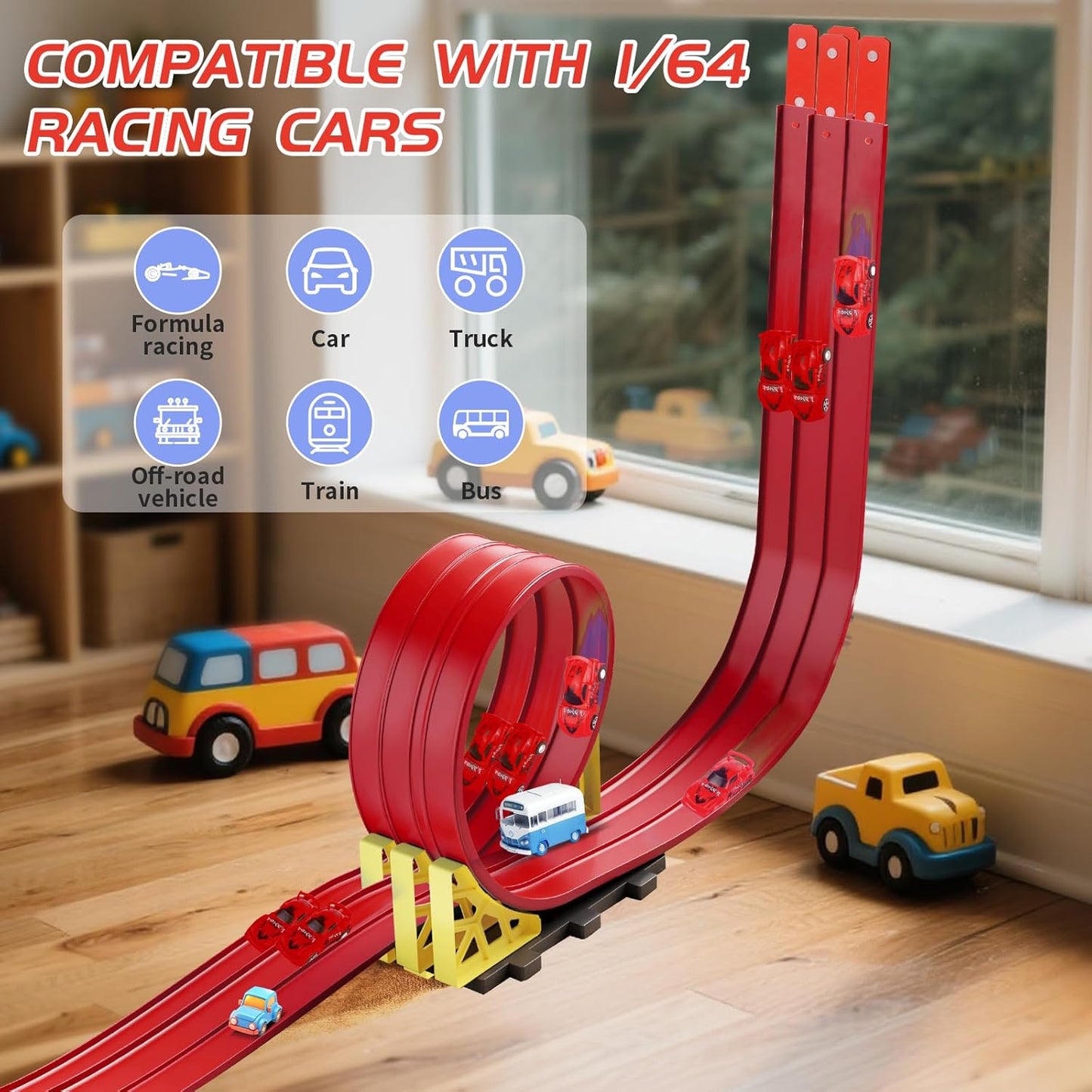 16.5ft Build Anywhere Portable Race Track with Suction Cups - Flexible Roll-Up Design Fits 1/64 Scale Cars, Portable Toy Gift for Kids 4+ Year Old (3 Tracks/Red)