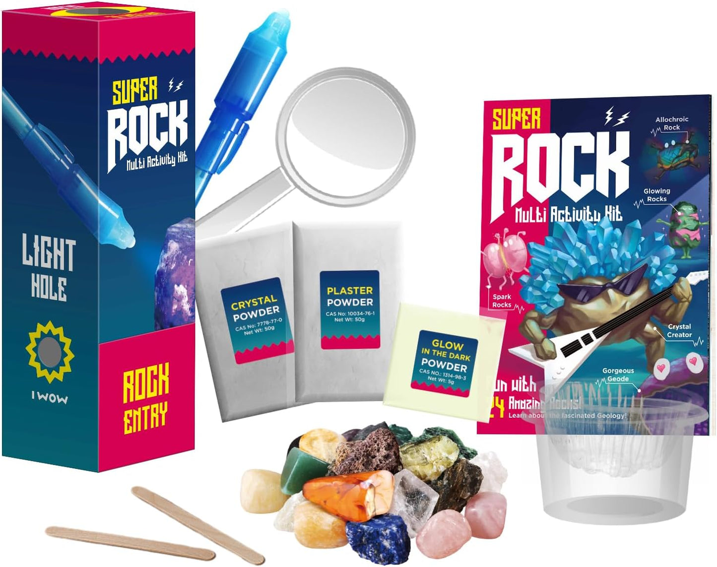 EDUMAN Super Rock Multi Activity Kit - 24 Genuine Rock Specimens, Geode Making & Crystal Growing STEM Science Toy for Kids Ages 8+ - Includes UV Light, Magnifying Glass & Darkroom Observation Box