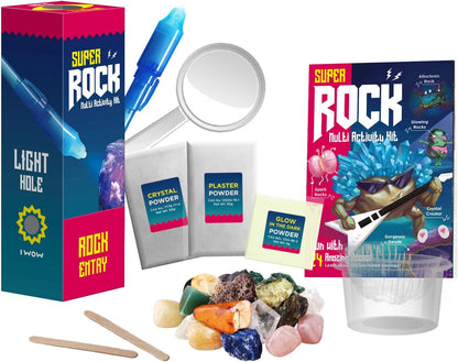 EDUMAN Super Rock Multi Activity Kit - 24 Genuine Rock Specimens, Geode Making & Crystal Growing STEM Science Toy for Kids Ages 8+ - Includes UV Light, Magnifying Glass & Darkroom Observation Box