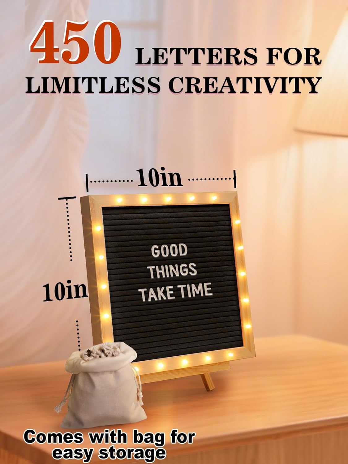 Changeable Felt Letter Board with LED Lights - 10×10" Message Custom Signs & Wood Stand & 450 Letters, Poster Board for Baby/Pregnancy Announcement/Classroom Wall Graduation Decor Gifts, Camel