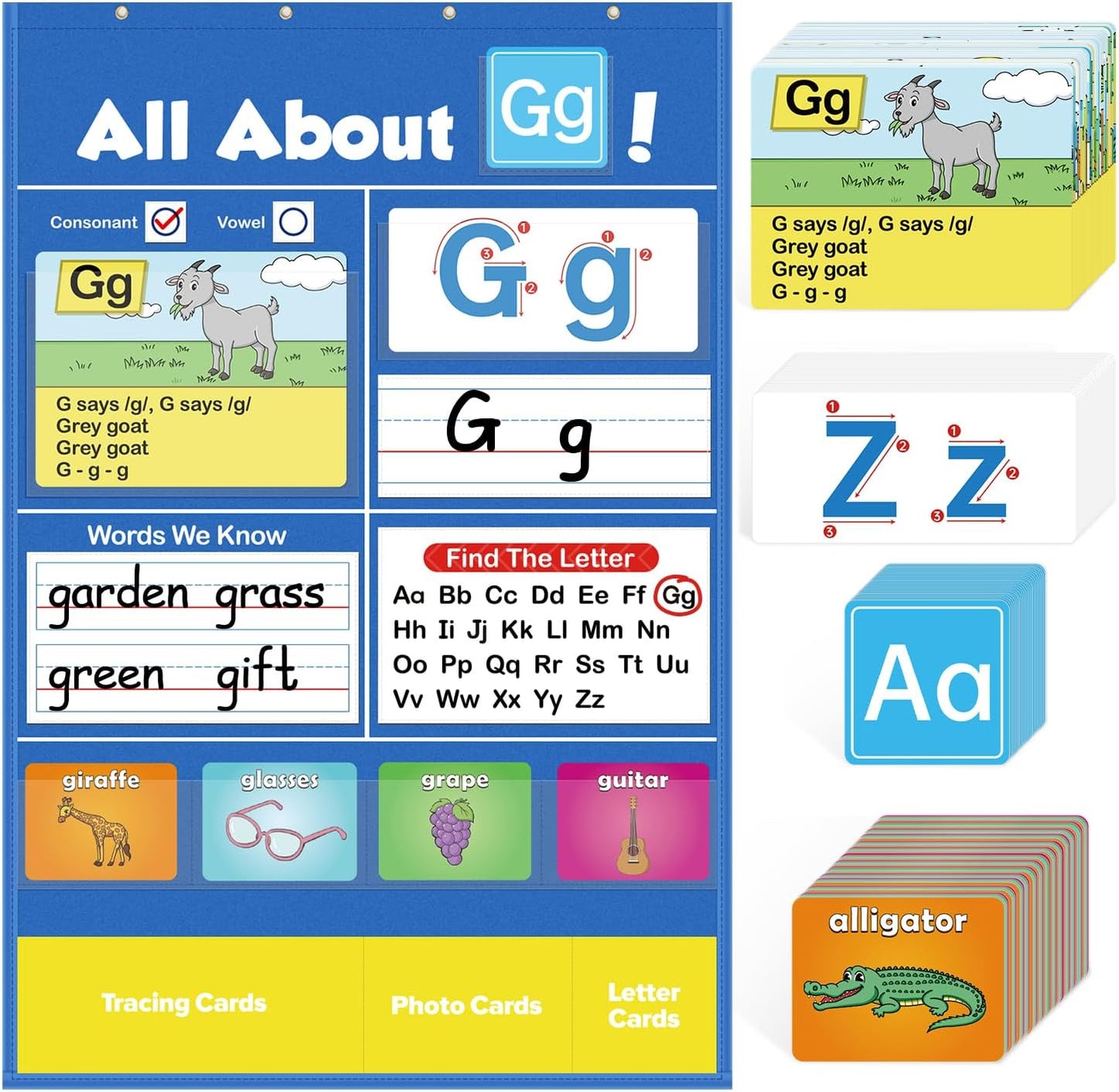 Torlam Alphabet Learning Pocket Chart Alphabet Wall Chart ABC Flash Cards Learning Games, Handwriting Practice Letter Tracing for Kids Homeschool Preschool Kindergarten Learning Activities Must Haves