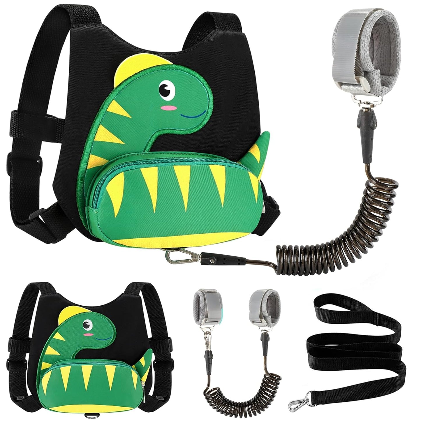 3 in 1 Toddler Harness Leash + Baby Anti Lost Wrist Link, Accmor Cute Dinosaur Child Safety Harness Tether, Kids Walking Wristband Assistant Strap Belt for Parent Boys Outdoor Activity (Black)