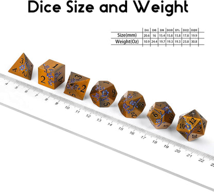 DnDnD Heavy Polyhedral Metal Dice Set with Metal Box, 7-die Shiny Blue Surface with Golden Number for RPG,Dungeons and Dragons,Pathfinder,Shadowrun,D&D,Role Palying Game and Math Teaching - Colors B