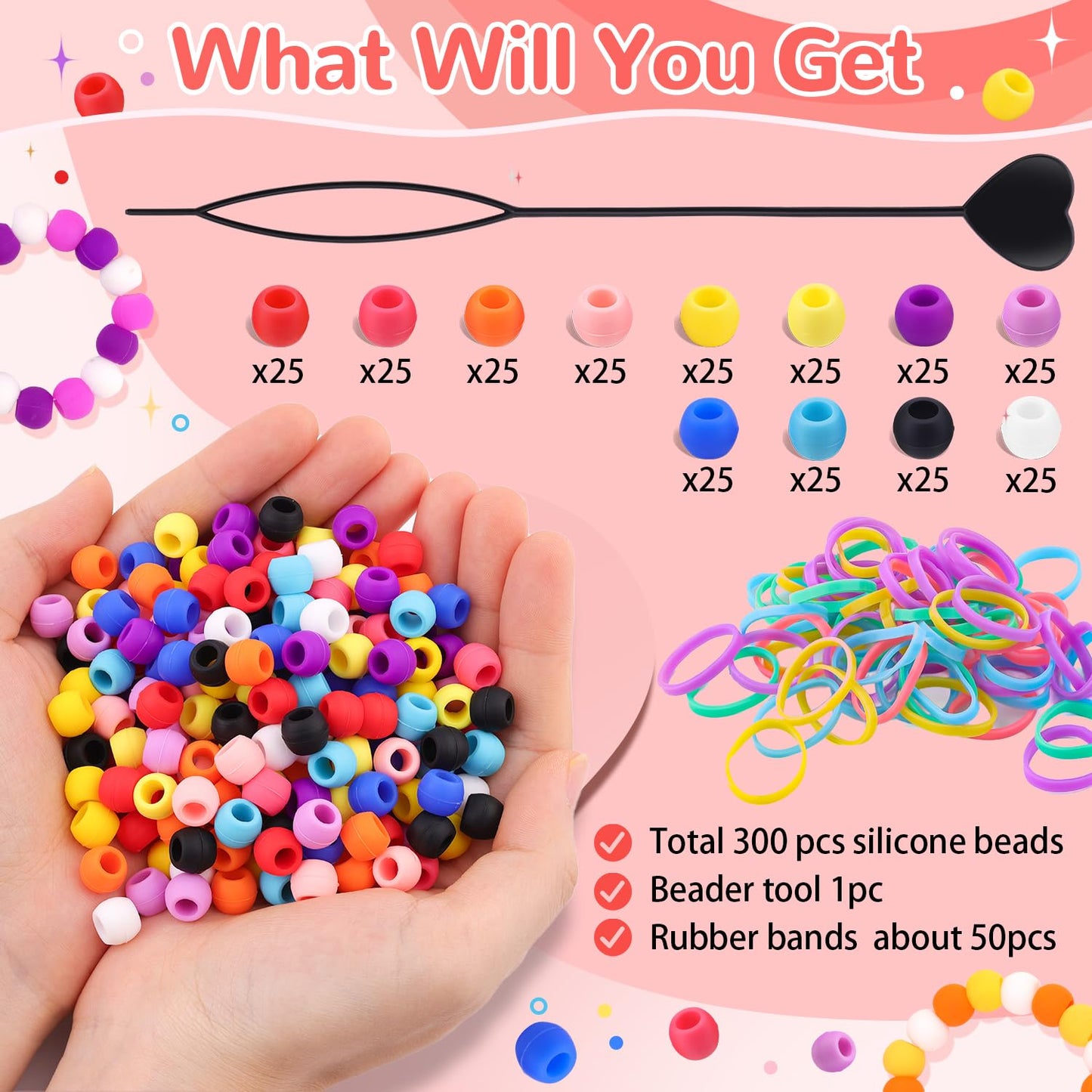 150Pcs 10mm Small Silicone Beads for Hair Braids, Soft Jellyish Pony Hair Beads with 5mm Hole + 50 Rubber Bands and 1 Beader for Braiding, DIY Bracelets Necklaces Crafts (Pink)