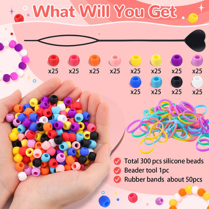 150Pcs 10mm Small Silicone Beads for Hair Braids, Soft Jellyish Pony Hair Beads with 5mm Hole + 50 Rubber Bands and 1 Beader for Braiding, DIY Bracelets Necklaces Crafts (Pink)