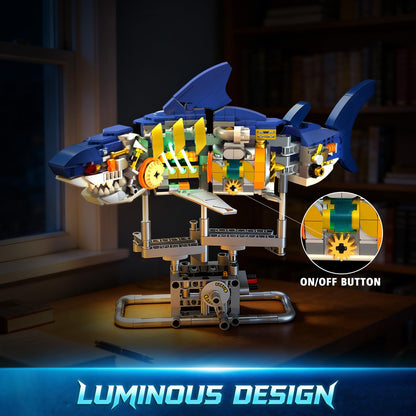 INSOON Mechanical Shark Building Set with LED Light, 687 PCS Movable Ocean Animal with Display Stand, Sea Fish Building Block Toy, Home Decor Gift for Adults Teens Kids Boys Ages 12+
