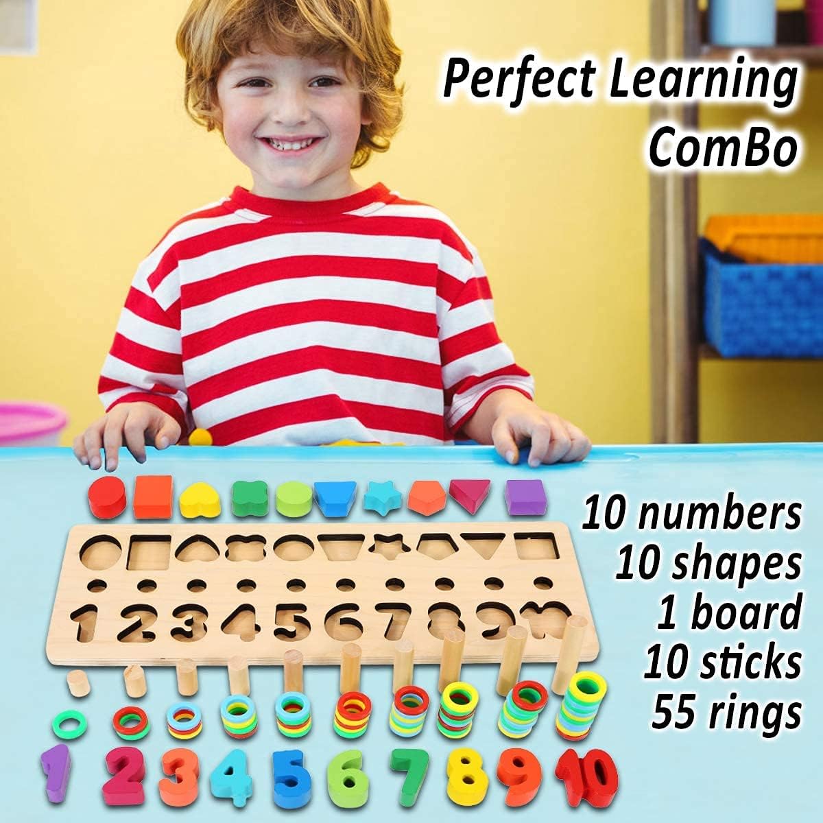 CozyBomB™ Educational Montessori Toys for 1 Year Old Toddlers - Wooden Puzzles Blocks Number Stacking Preschool Learning Activities Shape sorter Math Game Counters Baby Kids Ages 3 4 5 Years Old