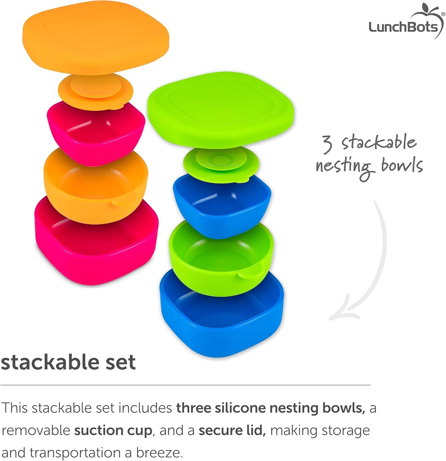 LunchBots Silicone Suction Bowl for Baby & Toddler, Stackable Nesting Bowl Set of 3 with Lid for Feeding, Portable Travel Bowls, Dishwasher Safe, 5/8/17 oz (Blue/Green)