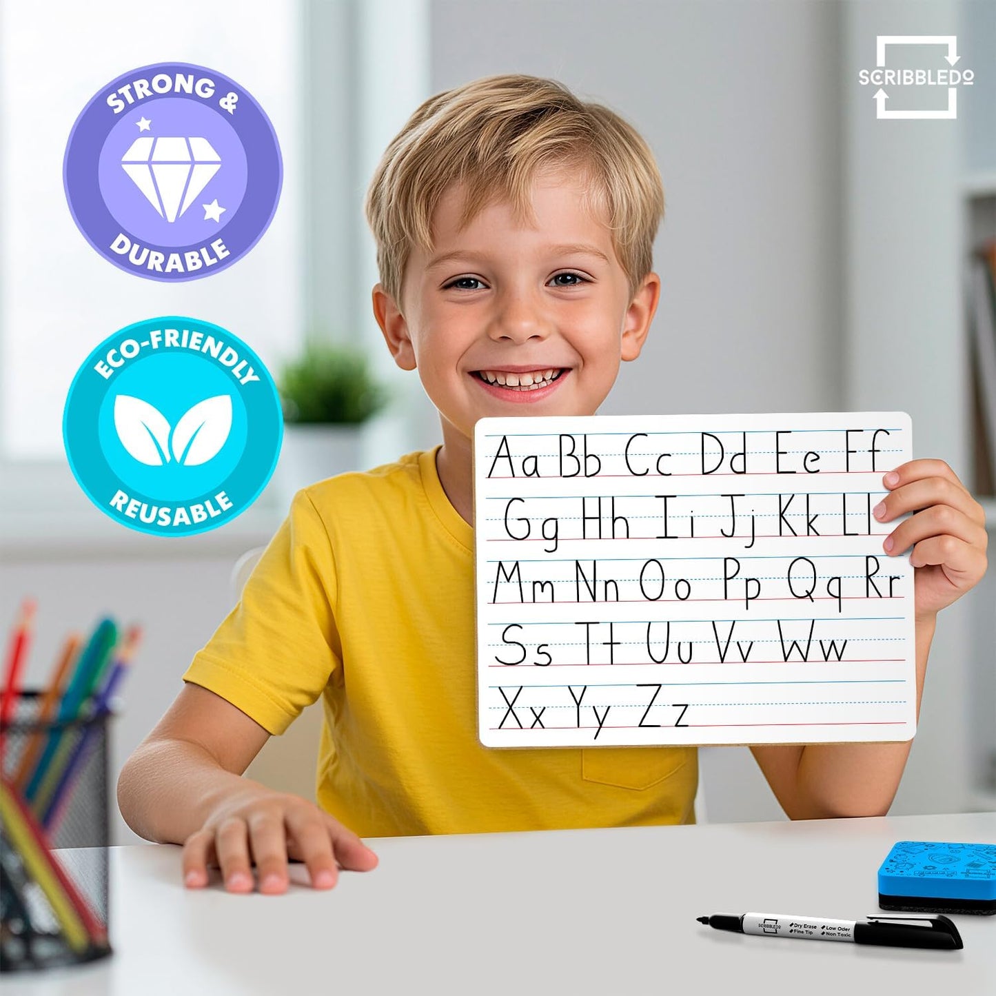 Scribbledo 10 Pack Double Sided Whiteboards Lined Dry Erase Board for Kids Ruled Writing Board Handwriting Practice for Kids Small White Board Dry Erase Boards Lines 9x12 Student 10 Dry Erase Markers