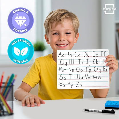 Scribbledo 10 Pack Double Sided Whiteboards Lined Dry Erase Board for Kids Ruled Writing Board Handwriting Practice for Kids Small White Board Dry Erase Boards Lines 9x12 Student 10 Dry Erase Markers