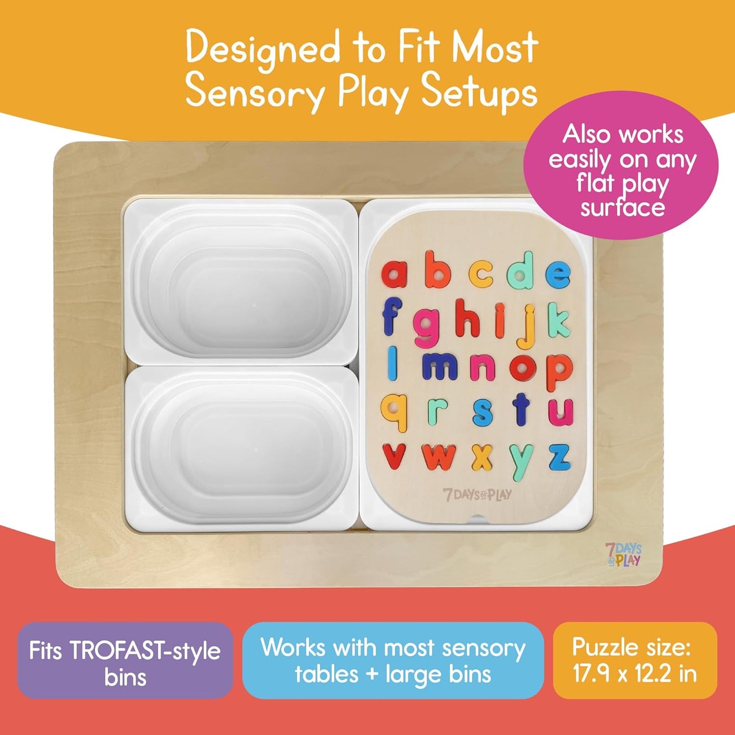 Lowercase Alphabet Puzzle for Kids, Sensory Bin Insert for Sensory Tables, Silicone Letters, Wooden Fine Motor Learning Toy by 7 Days of Play