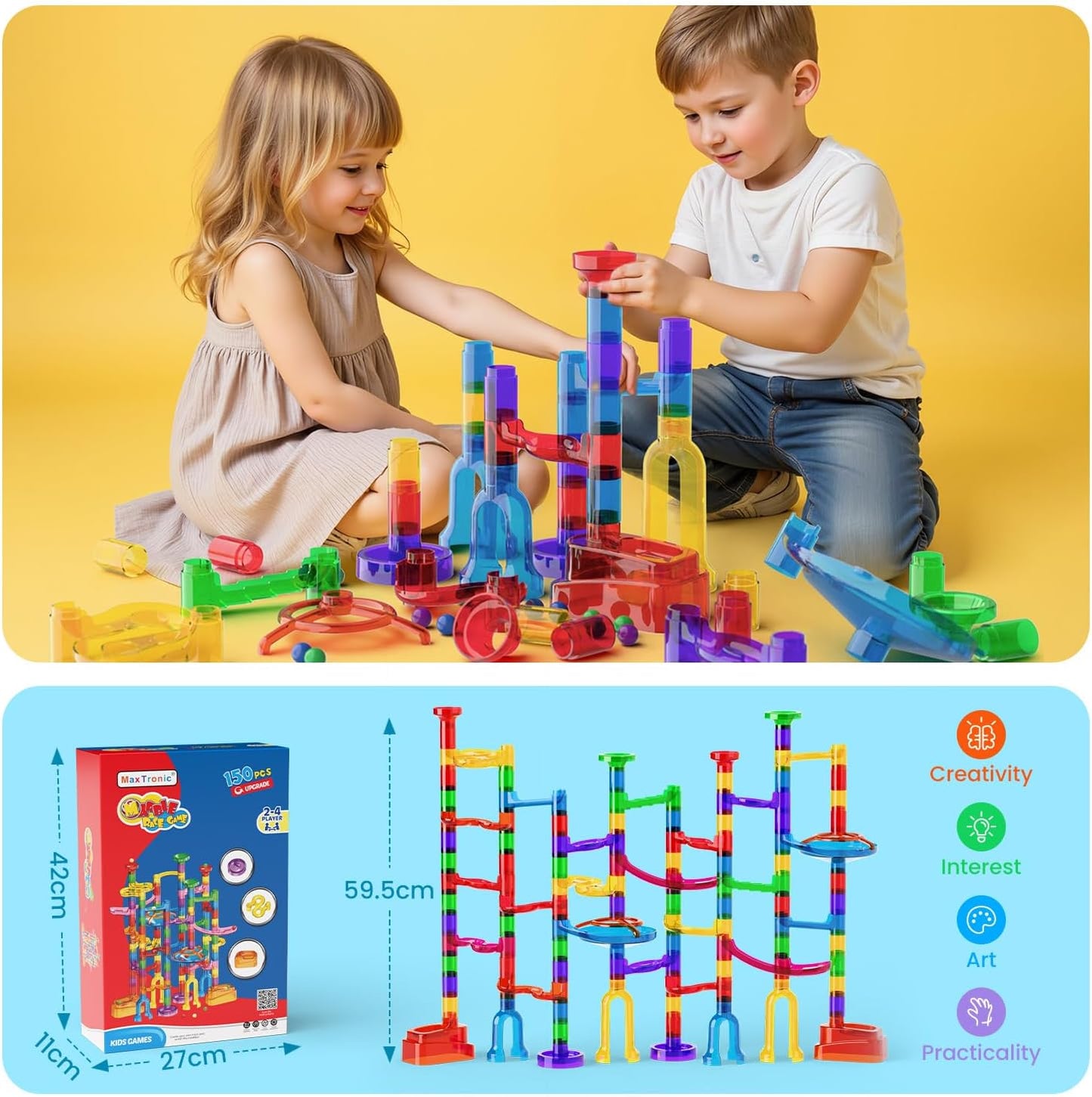 MaxTronic Marble Run Kit for Kids,Upgrade Marble Maze Kit 16mm Marbles 109pcs Building Blocks STEM Learning Toys Christmas Birthday Gift for Kids Aged 3-12