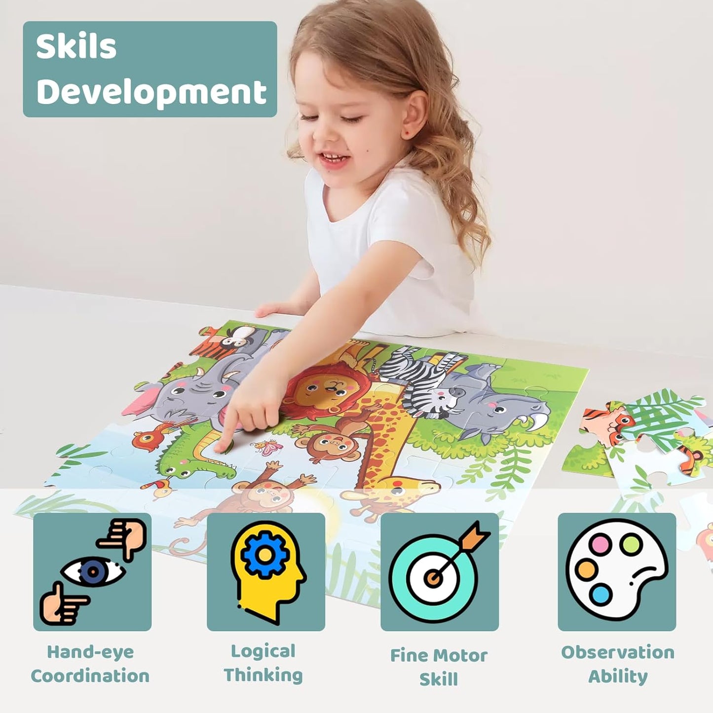 Jumbo Floor Puzzle for Kids, Large Jigsaw Puzzles 36 Piece with Box for Kids Ages 3-5,Preschool Learning & Education Toys, Gifts for 4-8 Year Old Boys and Girls(Jungle Animals)