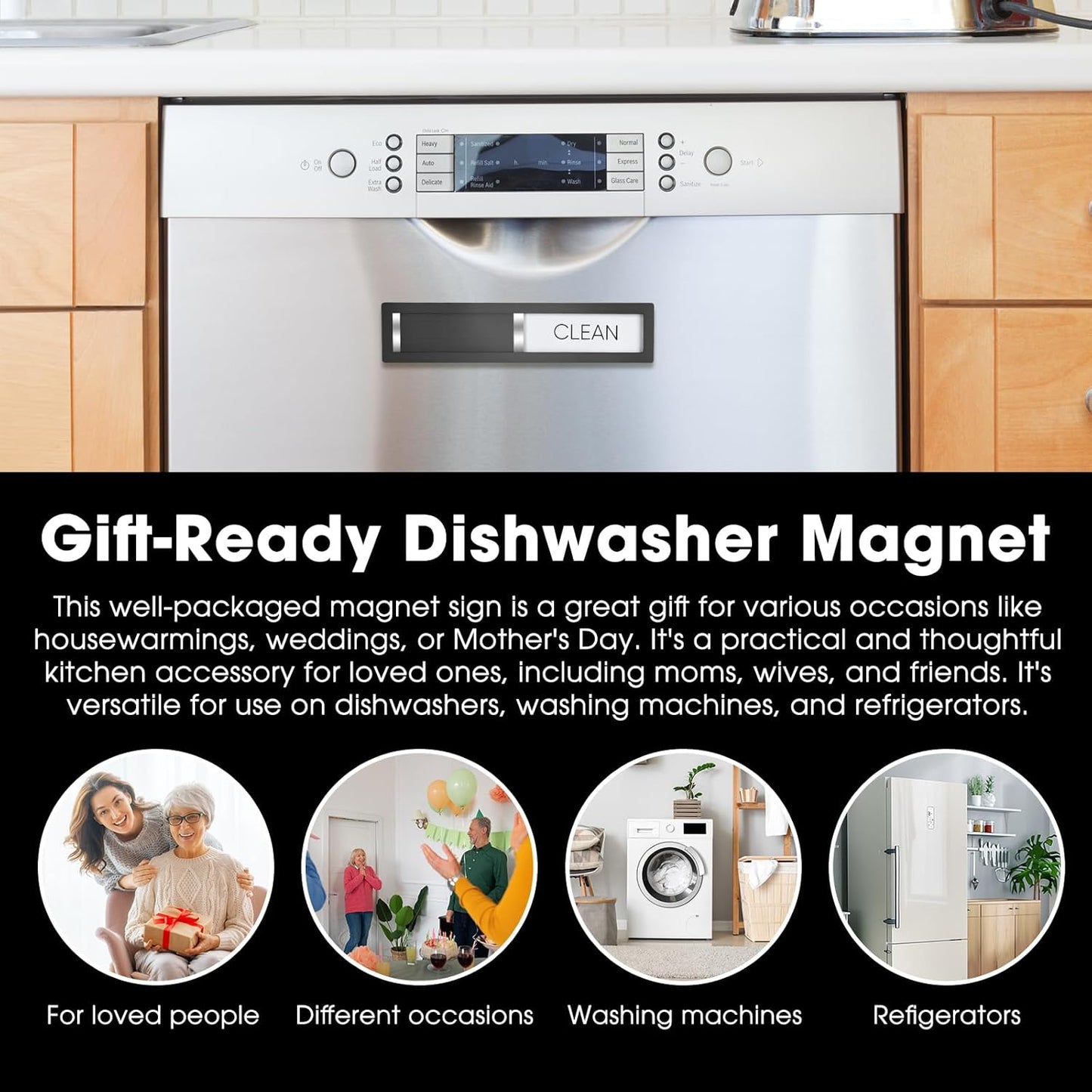 Clean Dirty Magnet for Dishwasher, Premium Stainless Steel, Dirty/Clean Speckled Design, Durable Magnet & Clear Indicators with Extra Tape (Silvery-Gray-01)