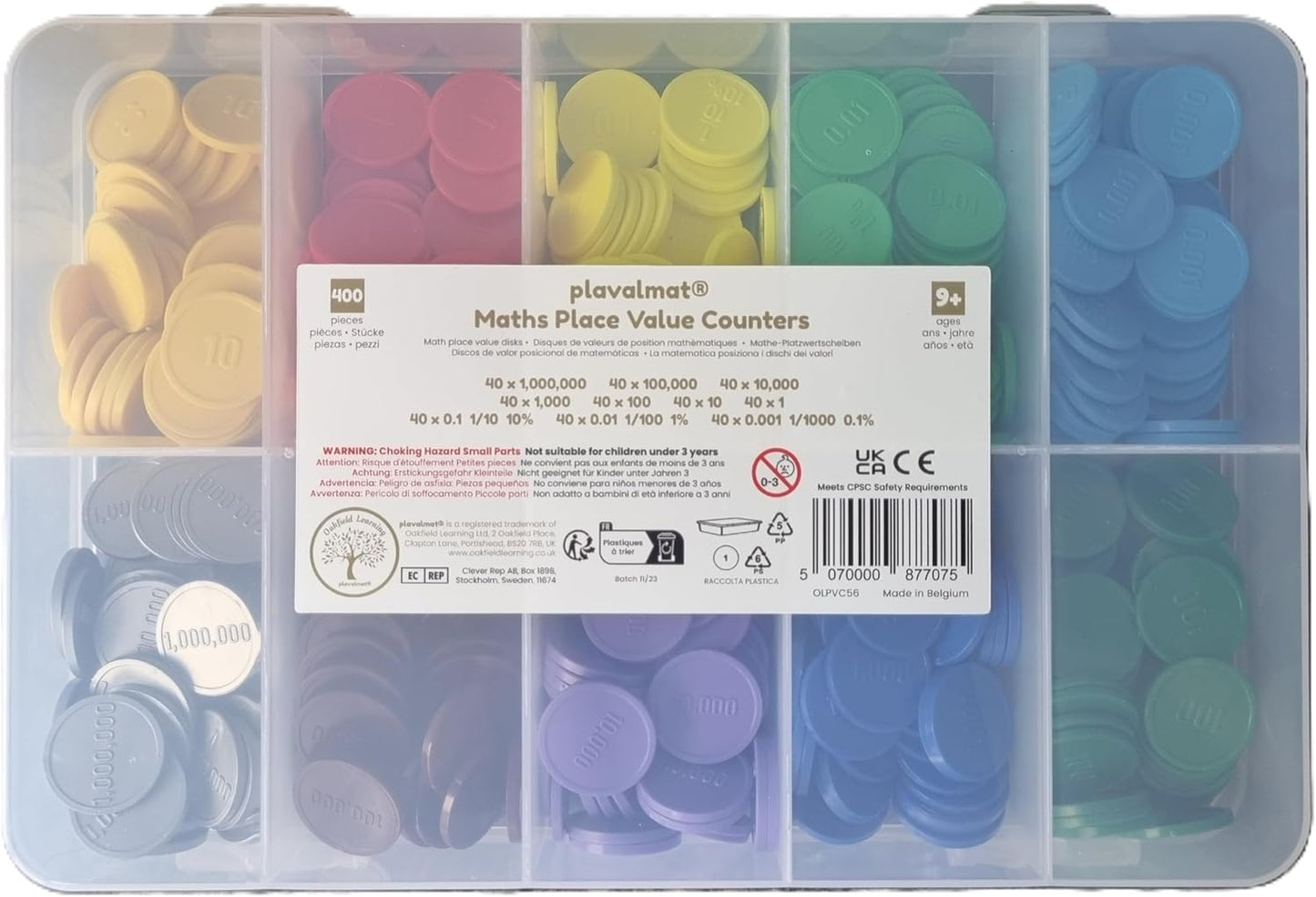 Place Value Disks, Set of 120 Hundreds Tens and Ones, 100 10 1, Recycled Plastic Math Counters - plavalmat®