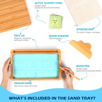 AtMini Montessori Sand Tray with Lid - Wooden Sand Trays for Kids Writing Letters and Numbers, Preschool Classroom Must Haves, Kindergarten Learning Tools (Blue)