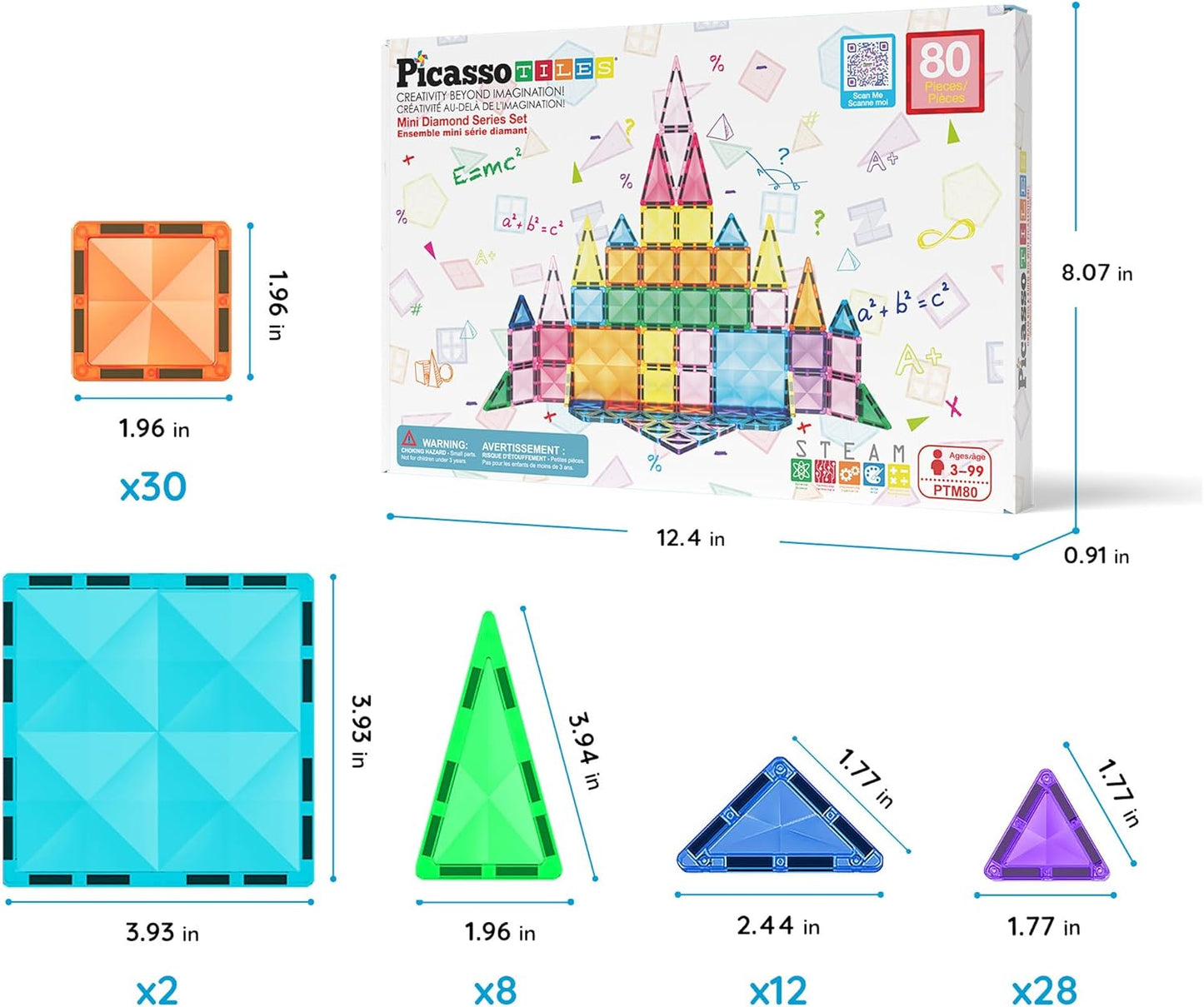 PicassoTiles 80 PCs Magnetic Tiles Travel Size Mini Version Building Block Construction Set for Kids Great Gift Ages 3+ Boys & Girls Preschool Kindergarten Montessori Playing Toys Stacking Fun PTM80