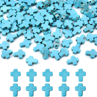 100pcs Blue and White Turquoise Cross Spacer Beads 8x10mm Semi Precious Stone Bead Easter Cross Gemstone Loose Beads for Jewelry Making Charms Beading Bracelets Necklaces Earrings Crafts