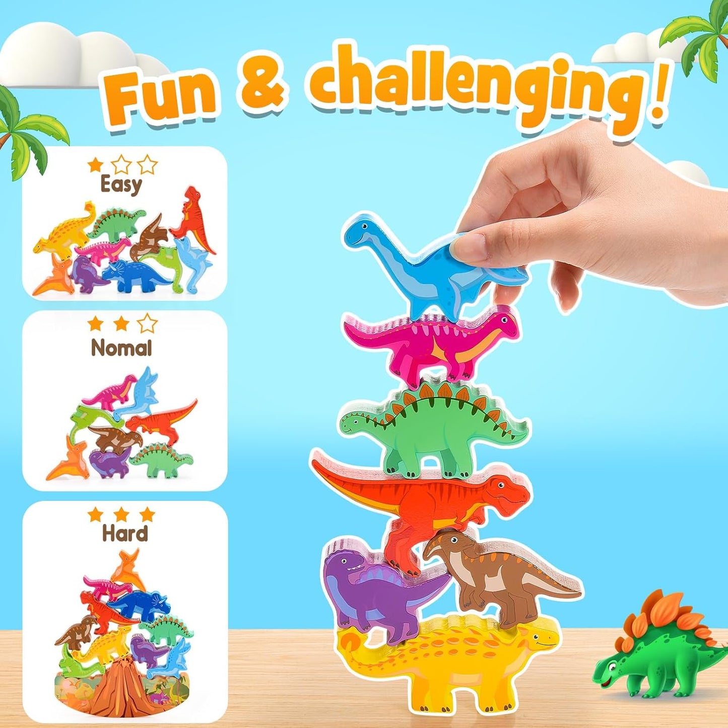 IPOURUP Dinosaur Toys for Kids 3-8 Kid Wooden Stacking Blocks Montessori Toy for 3 4 5 6 7 8 Year Old Boys Girls Christmas Birthday Gifts Toddler Balance Game Ages 3-5 Toys for Boy Girl Age 5-7