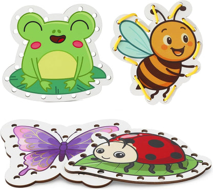 Montessori Wooden-Lacing Cards, Fine Motor Skills, Cute Bear Lacing Cards (Forest)