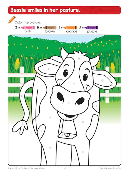 School Zone Color by Letter Farm Fun Workbook: 64 Pages, Preschool, Kindergarten, 1st Grade, ABC's, Alphabet, Color Skills, Coloring, Matching, Farm Animals, Ages 4-6 (Activity Zone Book Series)
