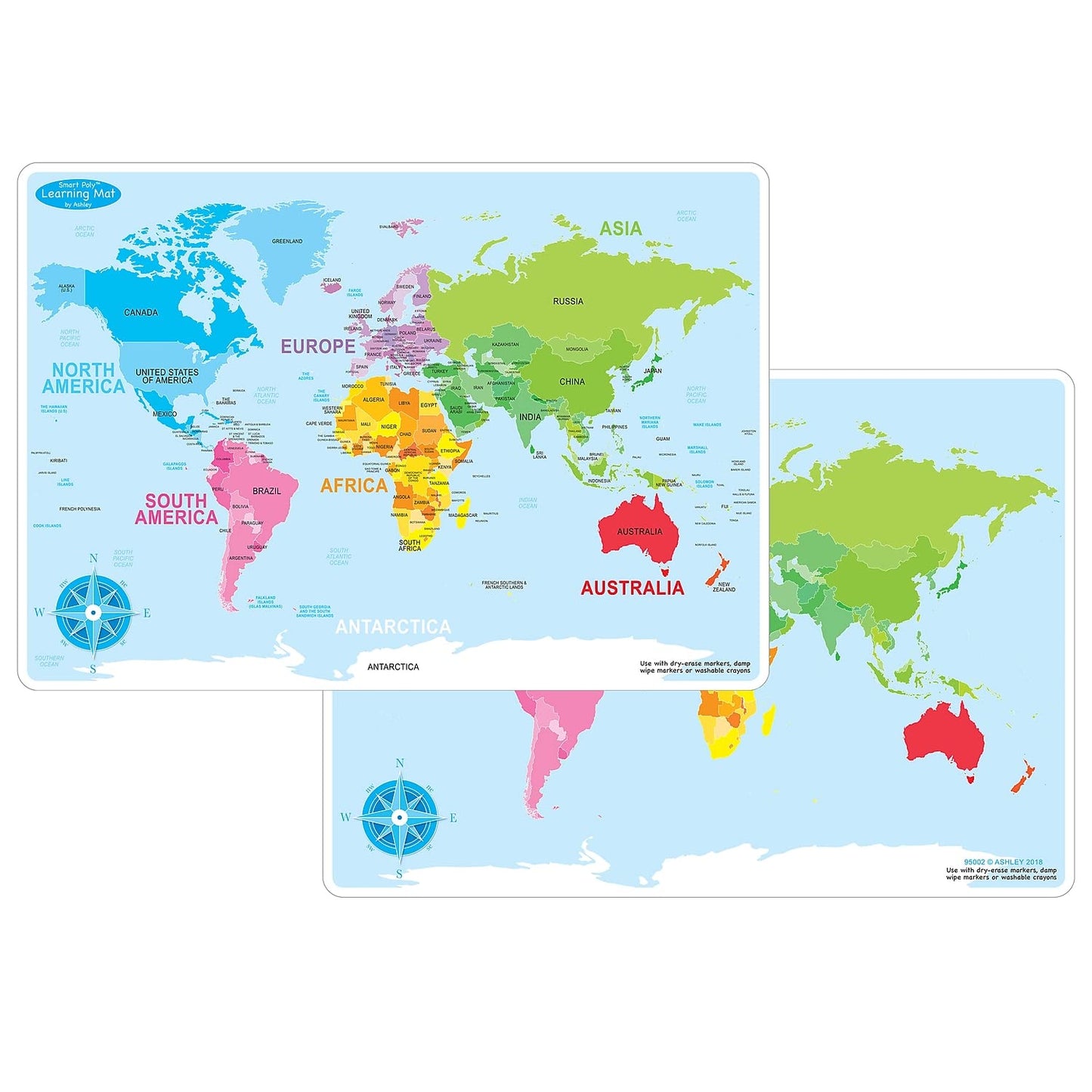 Ashley Productions ASH95002 Smart Poly™ Learning Mat, World Basic Map, Polypropylene (PP)/Paper, 12" x 17"