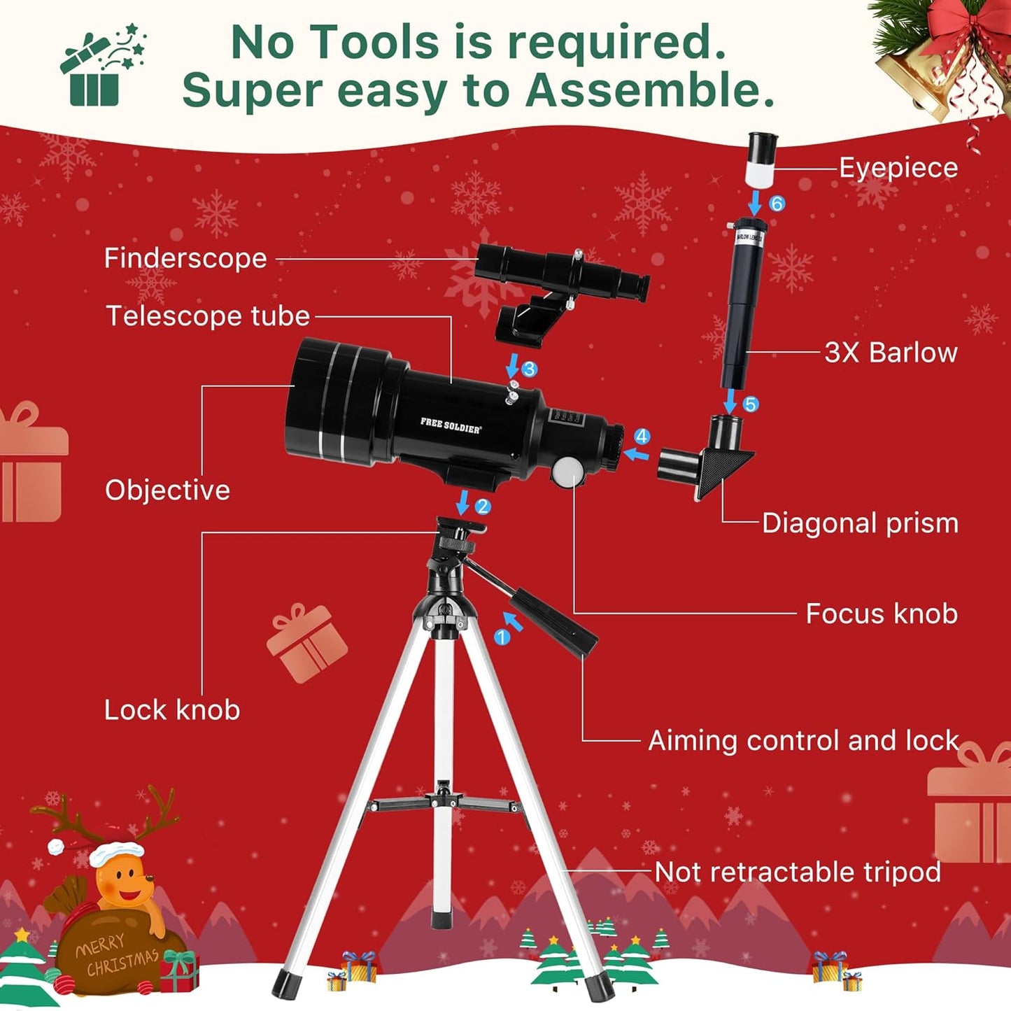 FREE SOLDIER Telescope for Kids 70mm Aperture Astronomical Refractor Telescopes for Beginners (15X-150X) 300mm Telescope for Adults High Powered with A Phone Adapter & A Wireless Remote (White)