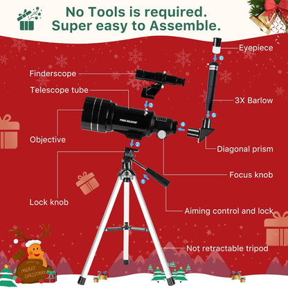 FREE SOLDIER Telescope for Kids 70mm Aperture Astronomical Refractor Telescopes for Beginners (15X-150X) 300mm Telescope for Adults High Powered with A Phone Adapter & A Wireless Remote (White)