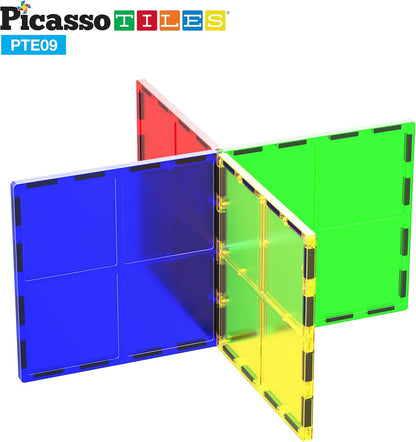 PicassoTiles 4pcs Magnetic Building Block Large Square Shape Magnet Tiles Construction Toy STEM Learning Kit Educational Playset Playboard Pretend Play Stacking Blocks Child Brain Development PTE09