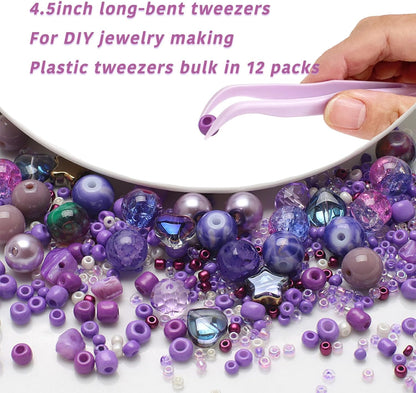 12 Pack 4.5 inches Plastic Tweezers for Kids Crafts for DIY Jewelry Making, beads bracelets, Baking Decoration, Reptile Feeding, Disposable Eyelashes Stickers Tweezers Bulk